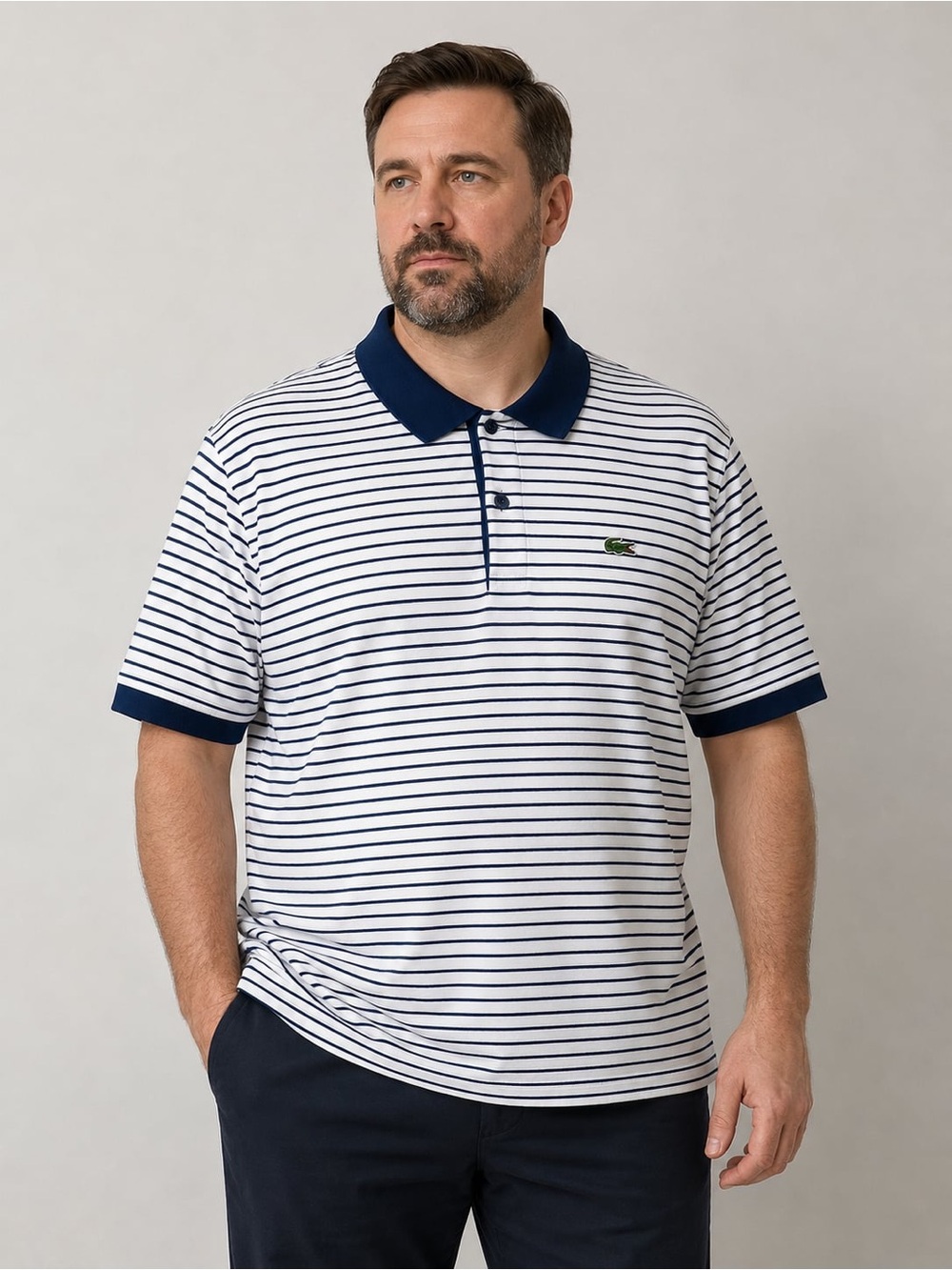 Lacoste Men's White and Navy Striped Polo 2XL( size 8)